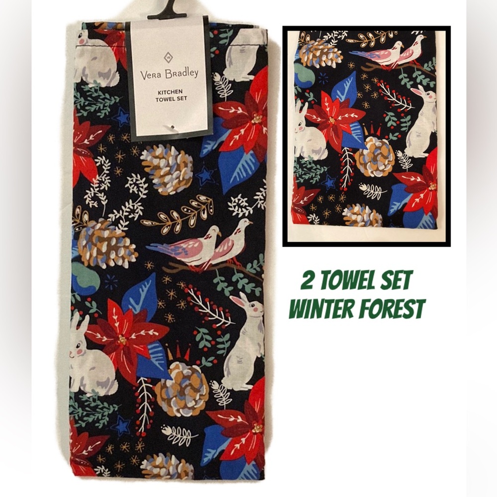 Vera Bradley kitchen towel set NEW cotton poinsettias pinecones thin towels